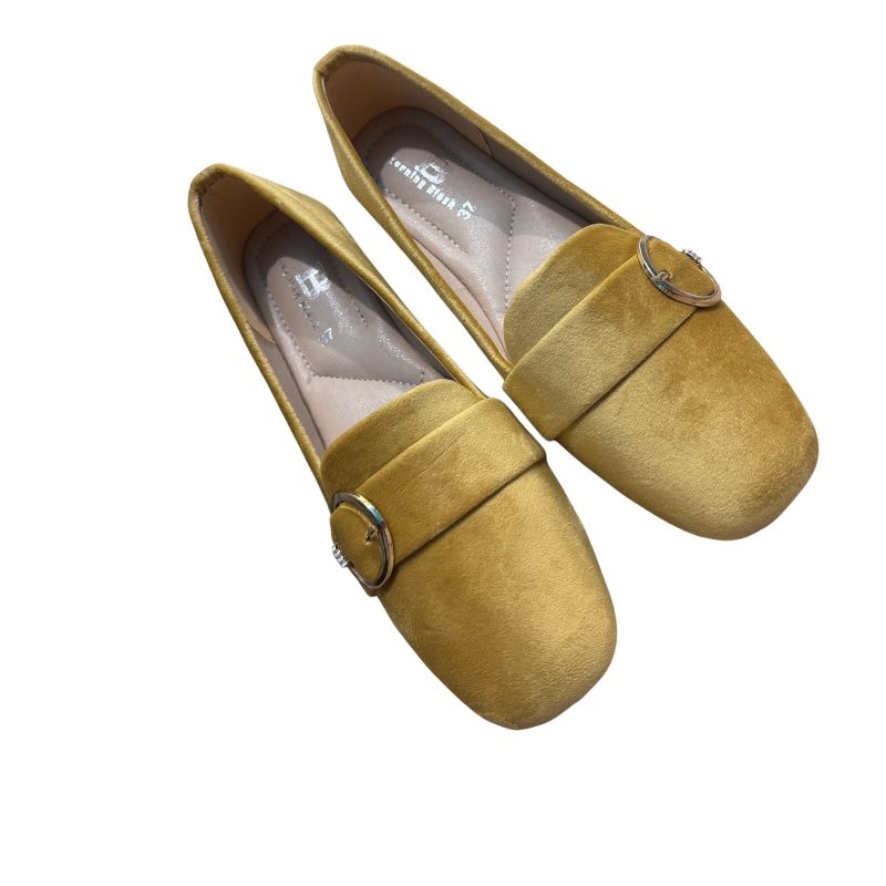 Luxurious Mustard Velvet Loafers with Metal Buckle