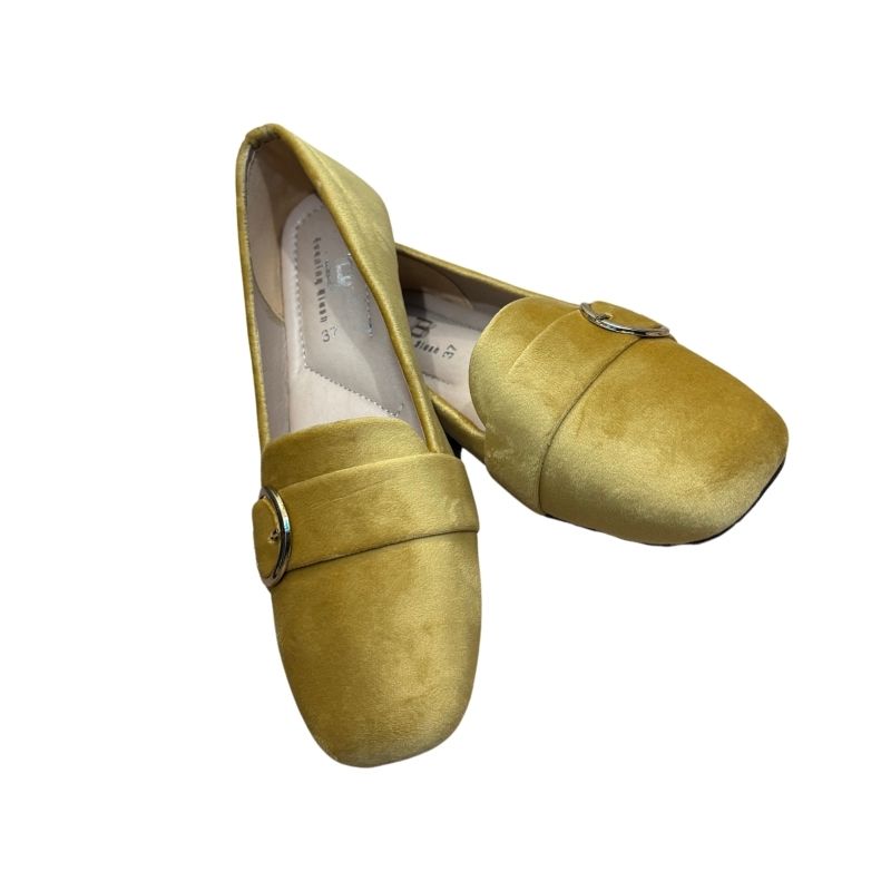 Luxurious Mustard Velvet Loafers with Metal Buckle