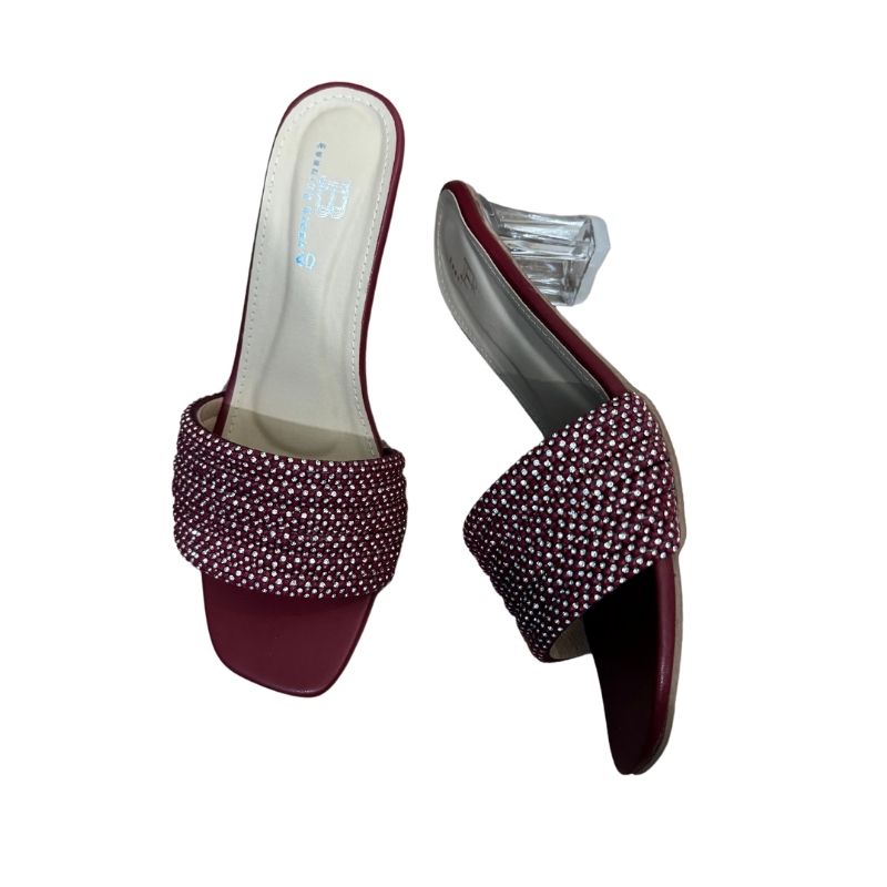 Elegant Maroon Embellished Heels with Transparent Block